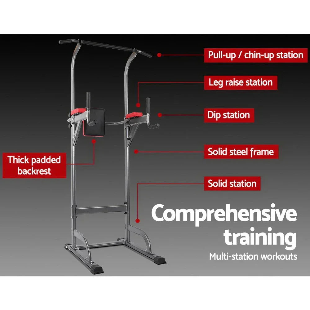 Multi-station power tower with pull-up, dip, leg raise stations, padded backrest, steel frame