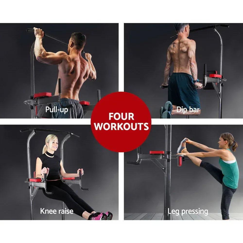 Multifunction chin-up tower used for pull-ups, dip bar, knee raises, and leg pressing exercises.
