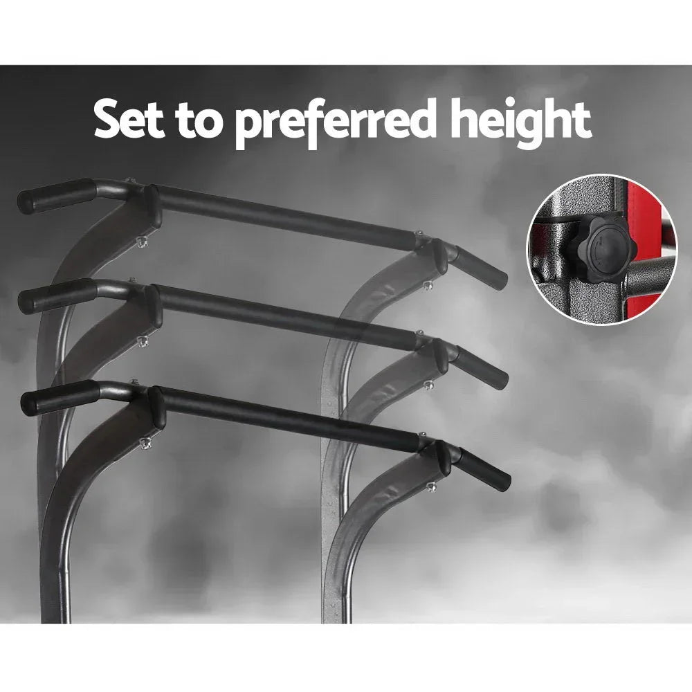 Adjustable chin-up bar with multiple height settings and close-up of locking knob
