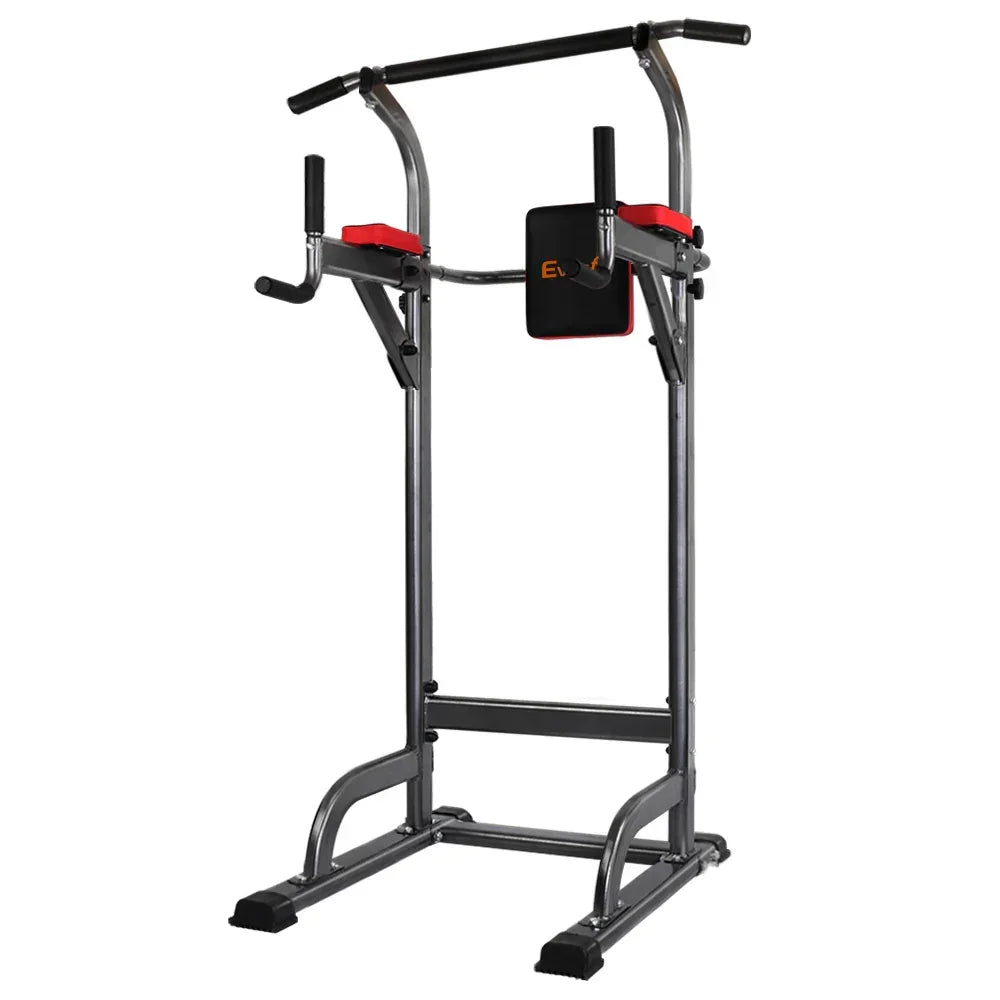 Multi-function chin up and dip station with padded armrests and back support for home gym