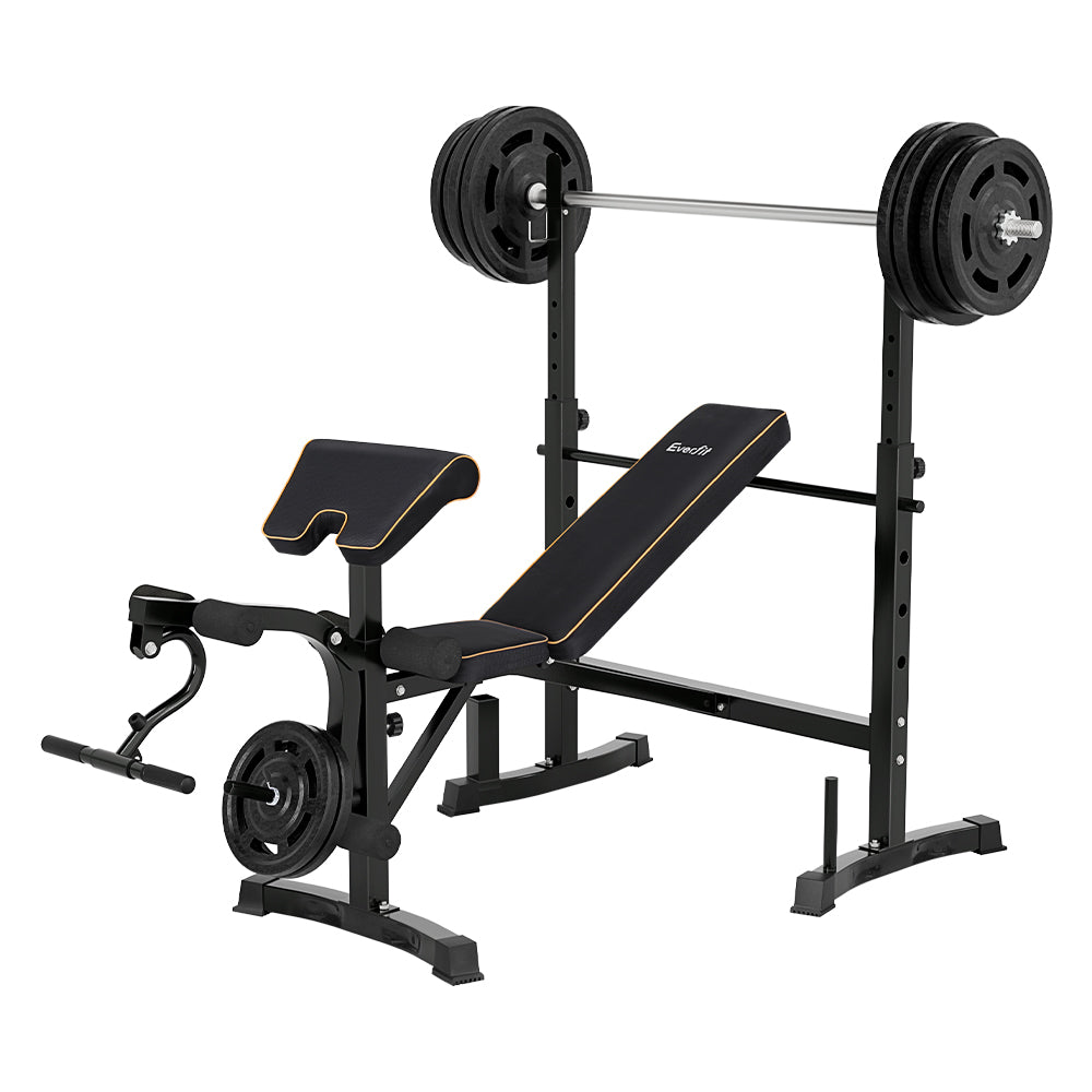 Black weight bench with barbell and weights, ideal for home gym workouts and strength training