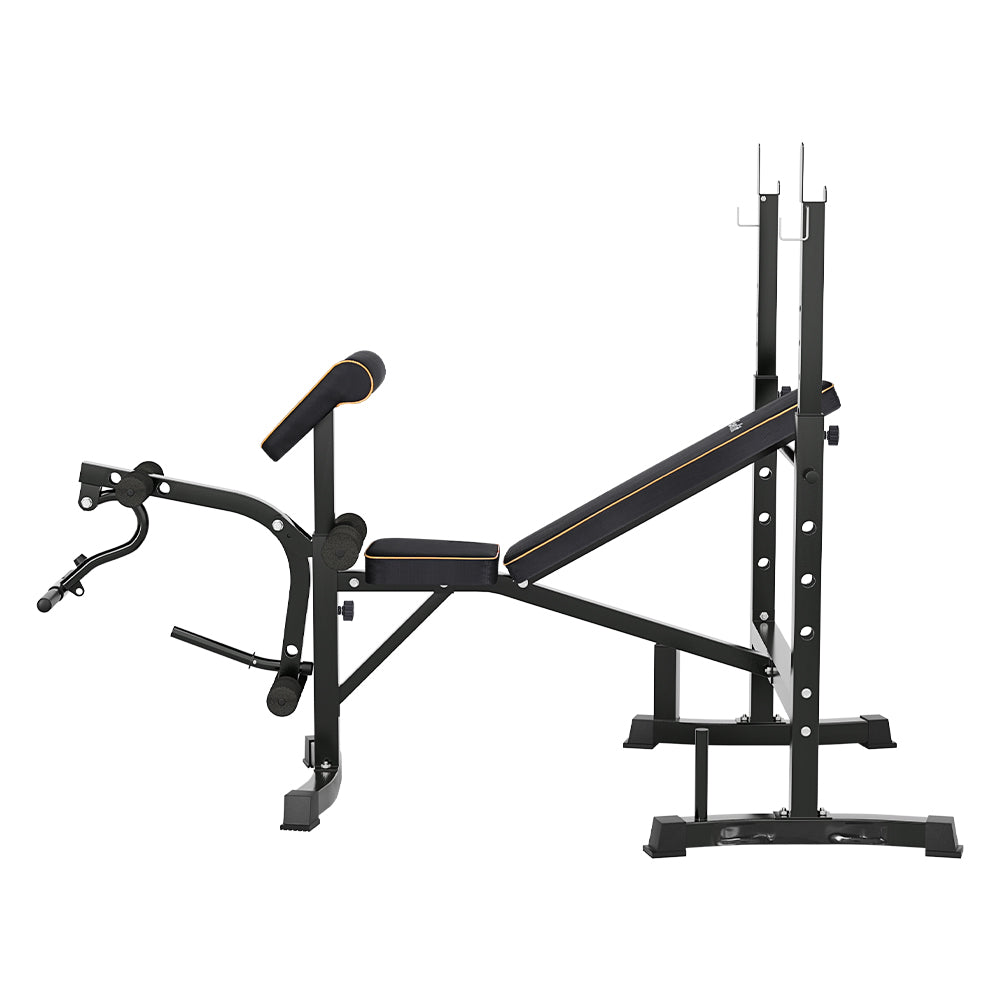 Black weight bench with adjustable backrest and leg developer for home gym workouts