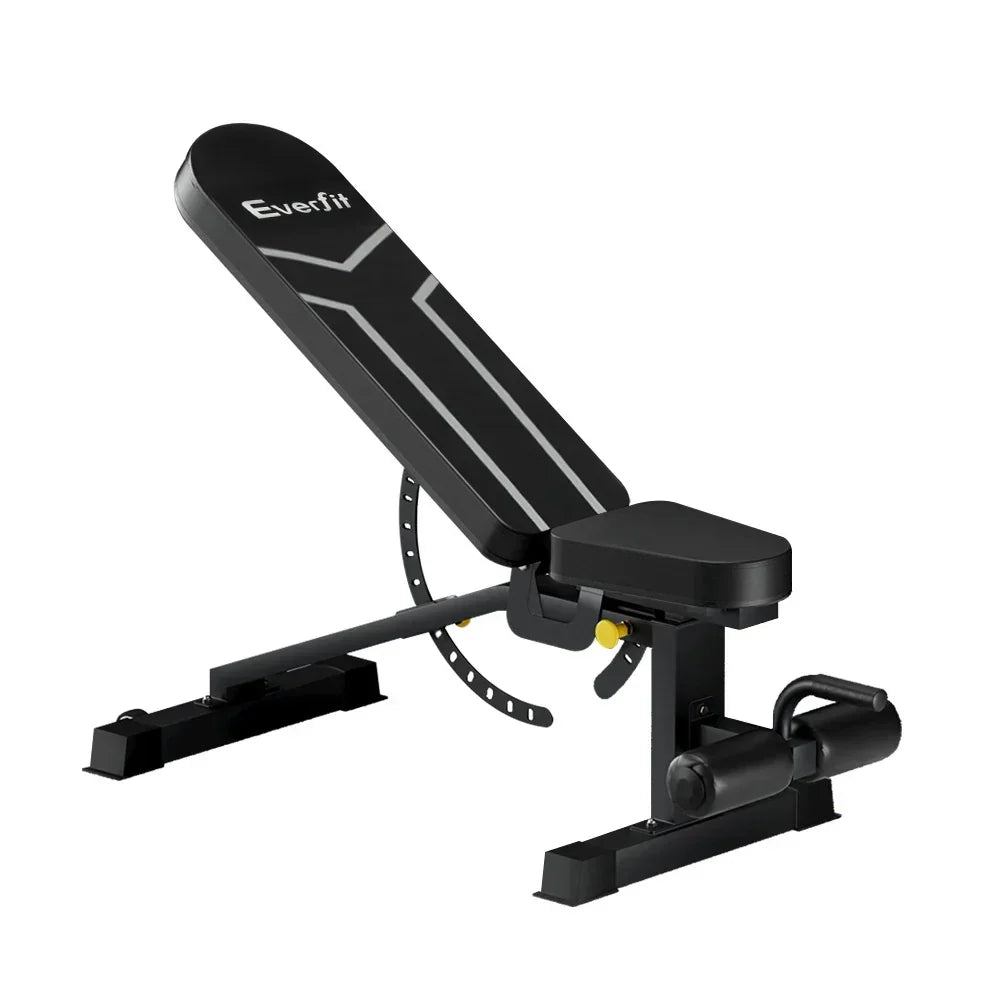 Adjustable black weight bench with padded seat and backrest for home gym workouts