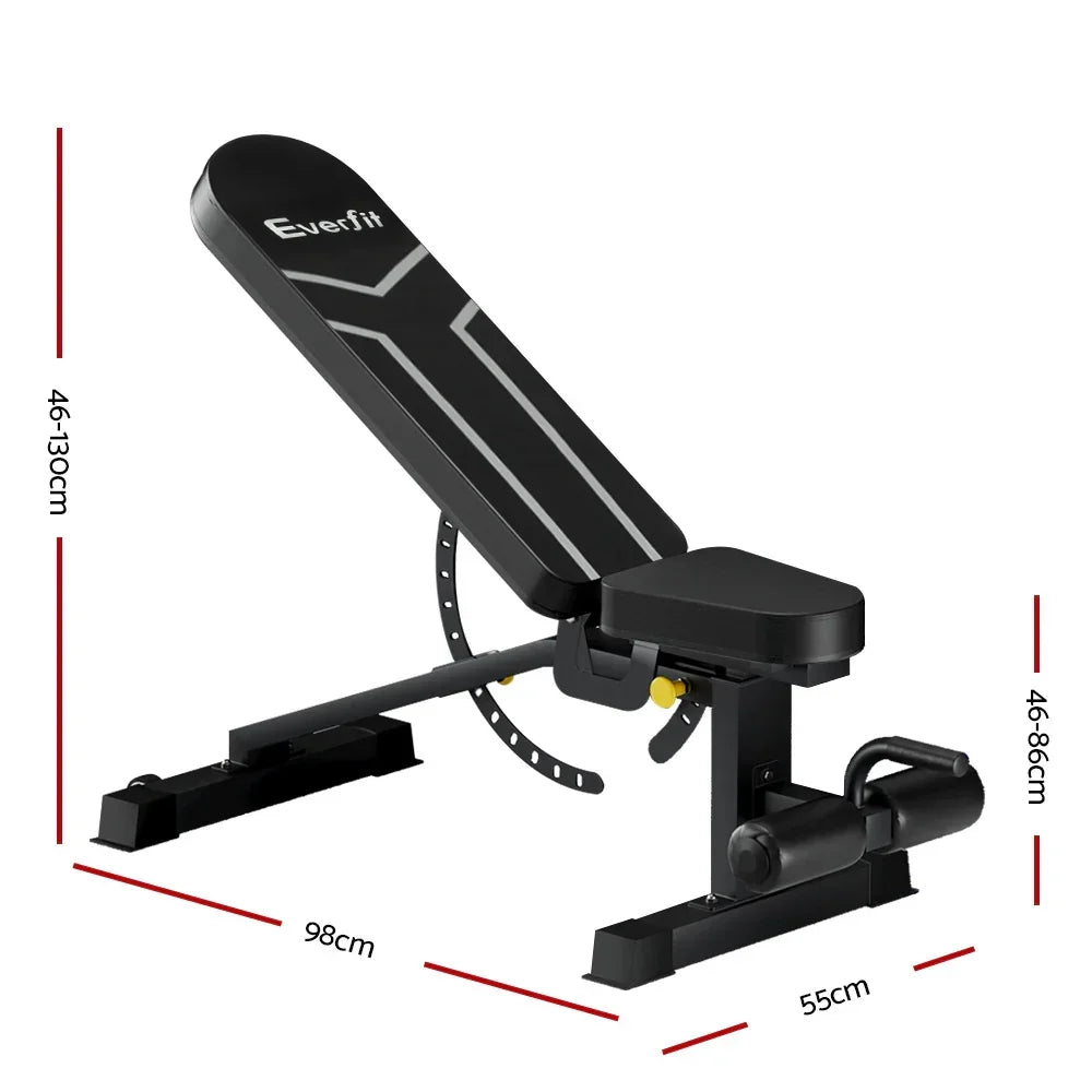 Adjustable black weight bench with Everfit logo, multiple incline positions, and size dimensions shown.