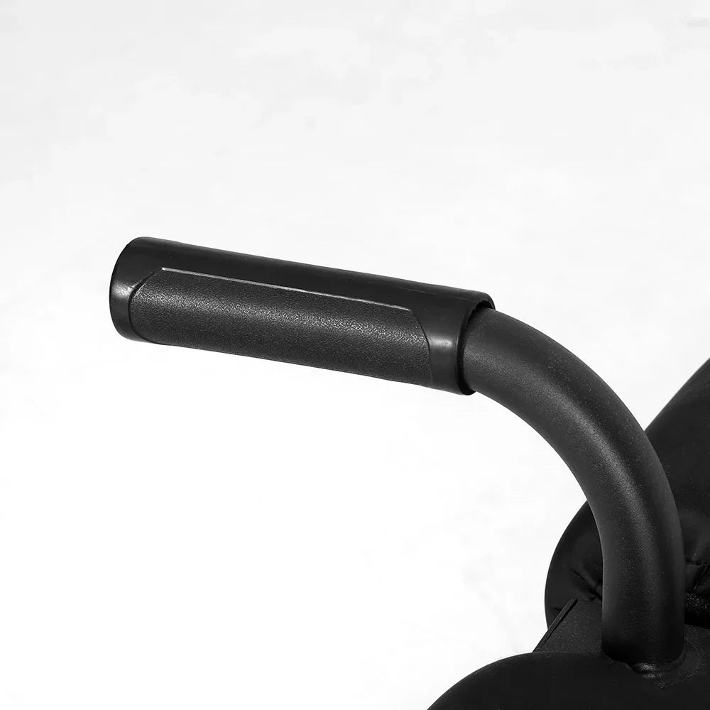 Close-up of black padded handle on adjustable gym bench against light background