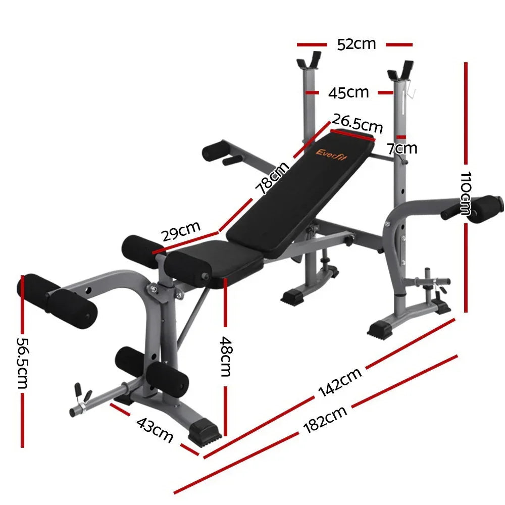 Adjustable weight bench for home gym with detailed measurements in centimeters shown