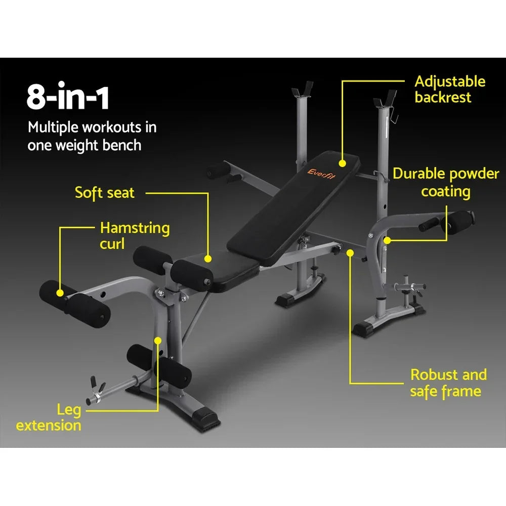 Multi-function weight bench with adjustable backrest, leg extension, and hamstring curl features.