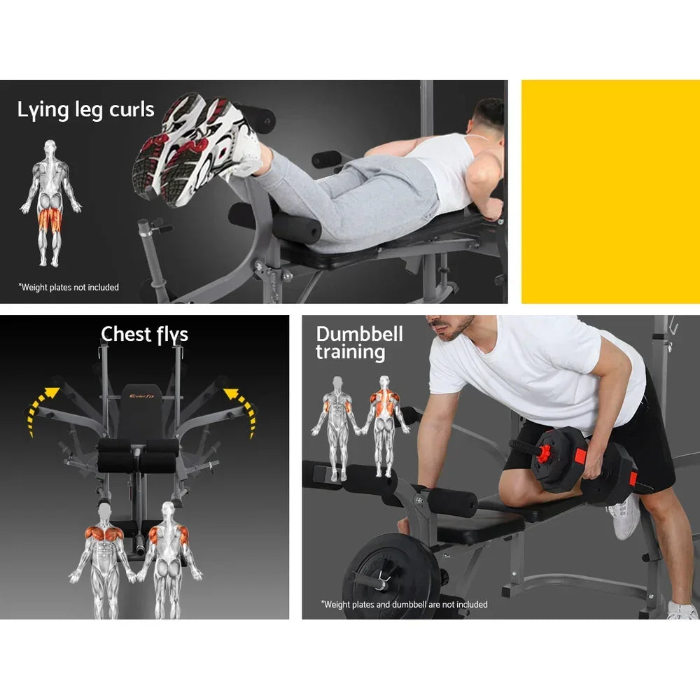 Adjustable workout bench with man demonstrating leg curls, chest flys, and dumbbell exercises