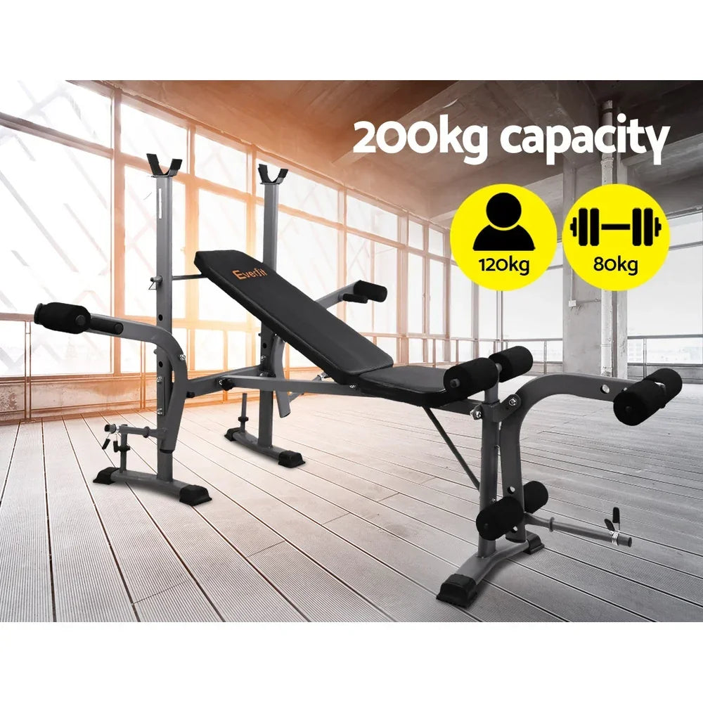 Adjustable weight bench in gym setting with 200kg capacity, suitable for home workouts