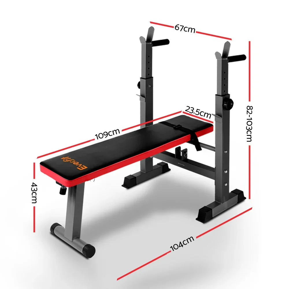 Adjustable weight bench with red and black padding, shown with size dimensions in centimeters.
