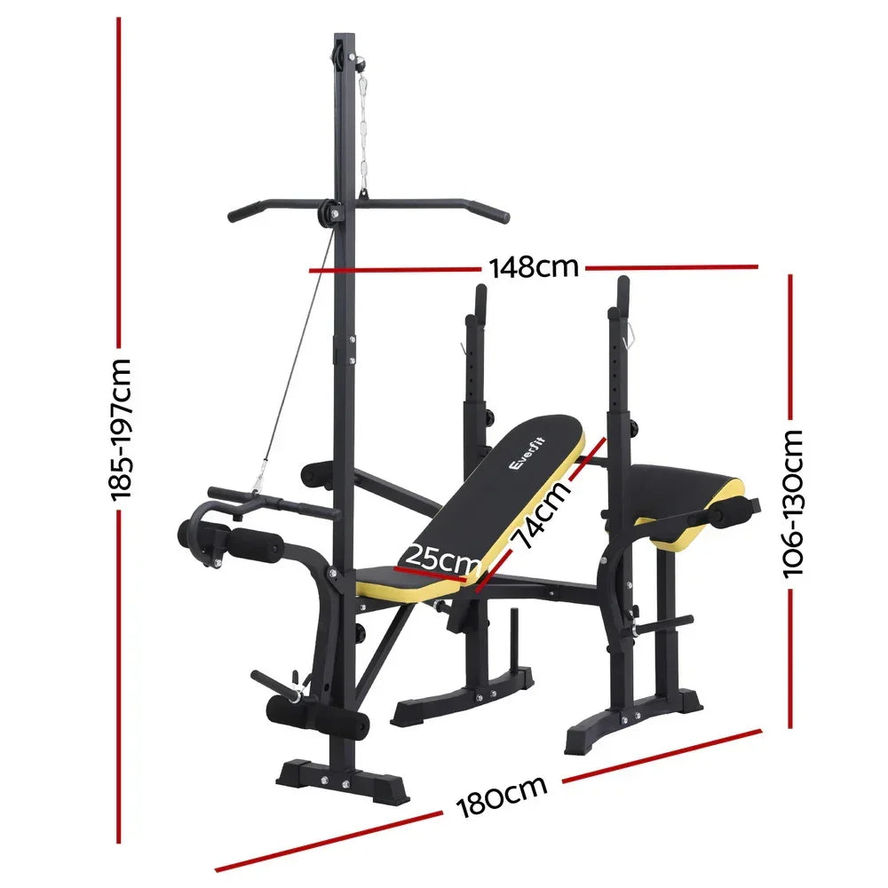 Adjustable weight bench with preacher curl, squat rack, and measurement labels in centimeters.