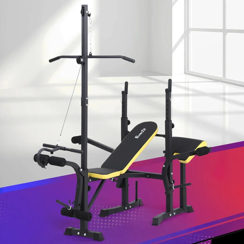 Adjustable weight bench with squat rack and cable attachment in home gym setting