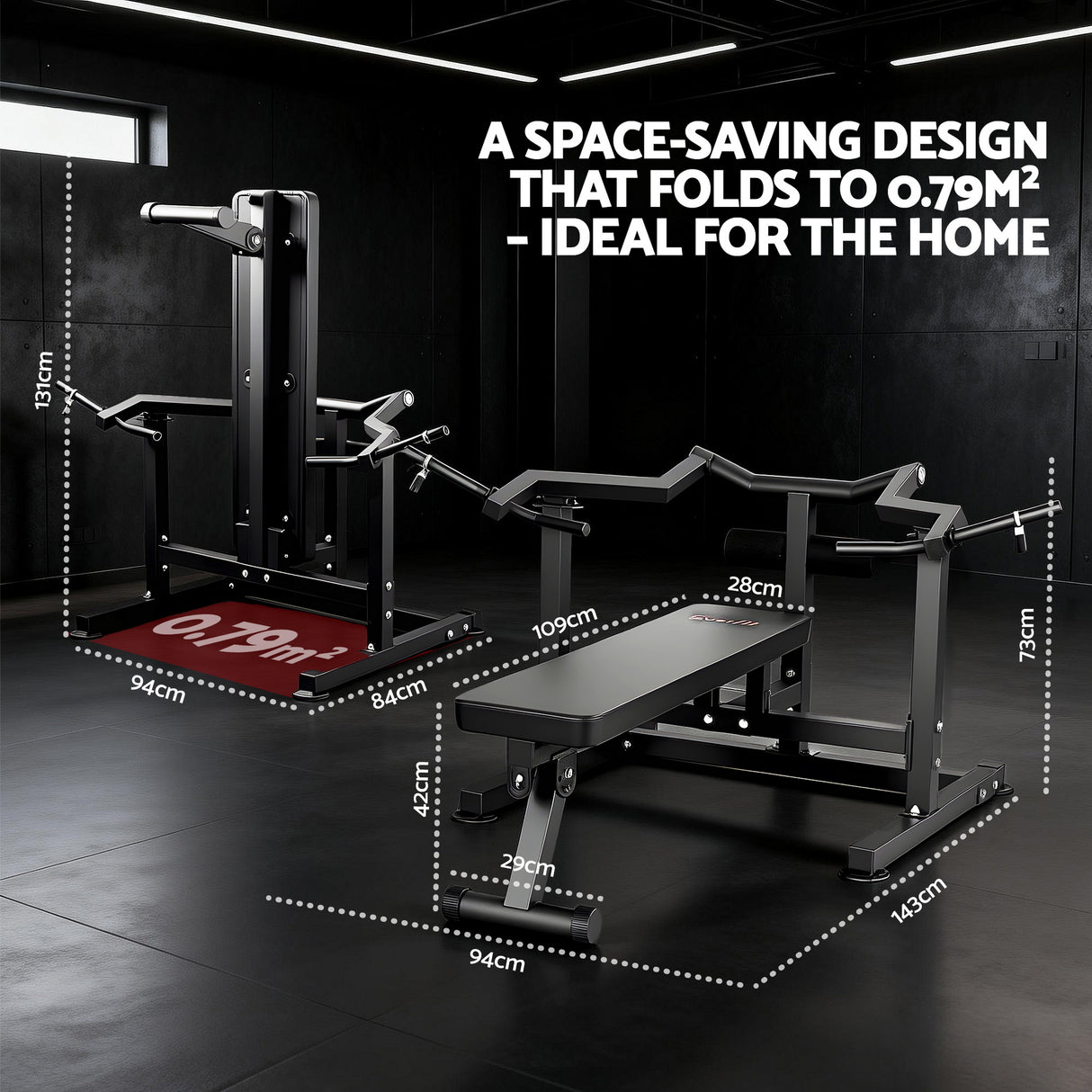 Adjustable home gym bench with measurements, space-saving foldable design, black finish