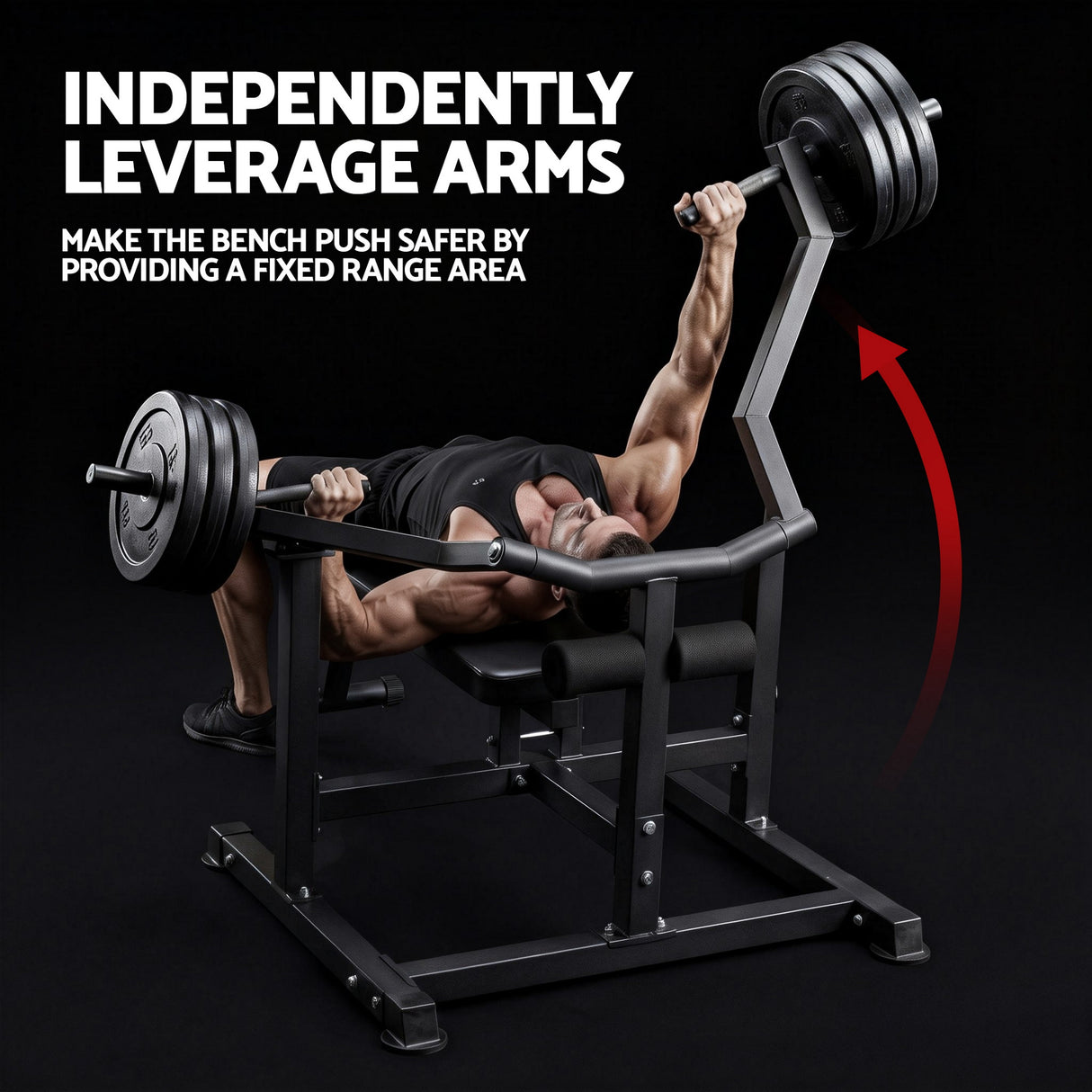 Man performing bench press on leverage arm chest press machine with weight plates in gym
