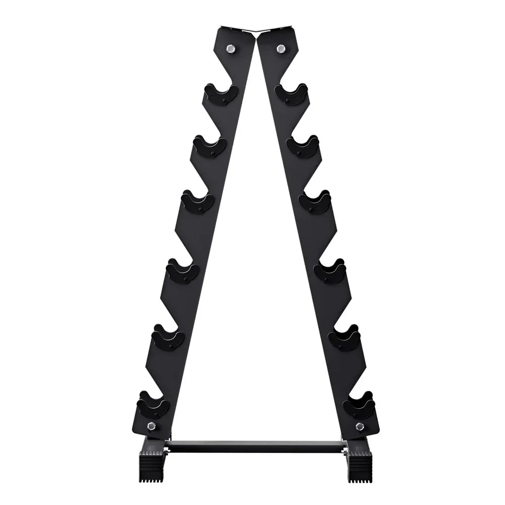 Black vertical dumbbell rack with six holders, gym equipment storage stand