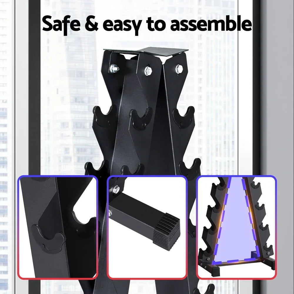 Black metal dumbbell rack with multiple slots, close-up assembly details, home gym storage