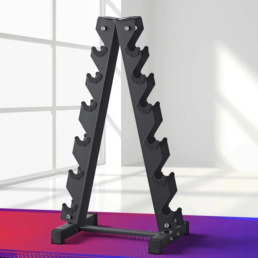 Black A-frame dumbbell rack with six holders, gym storage stand in well-lit room
