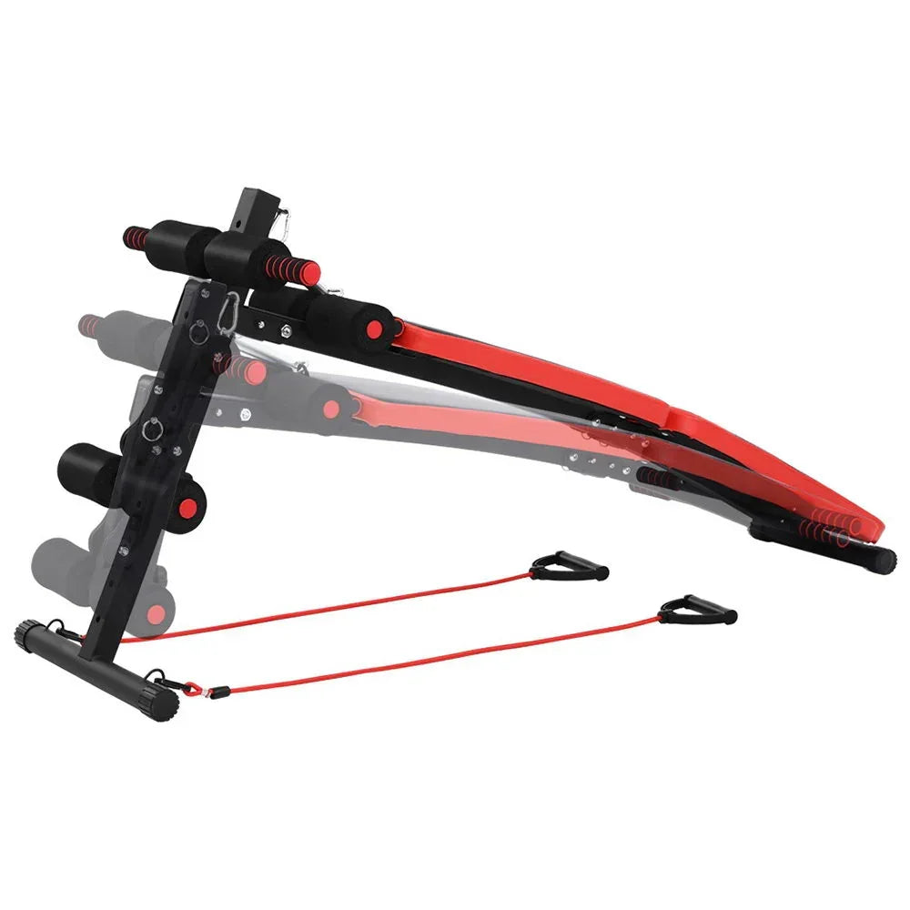Adjustable sit up bench with resistance bands, black and red, for home gym workouts