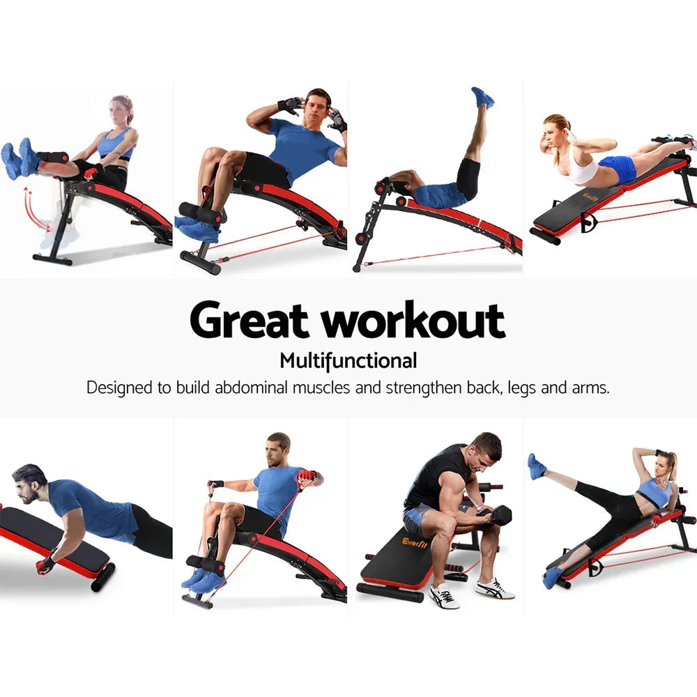 Multifunctional sit up bench with people demonstrating various abdominal and strength exercises