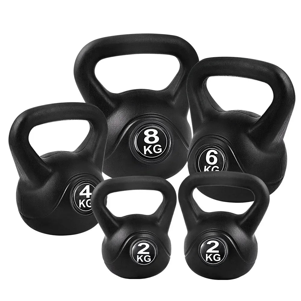 Set of black kettlebells with 2kg, 4kg, 6kg, and 8kg weights, arranged on white background