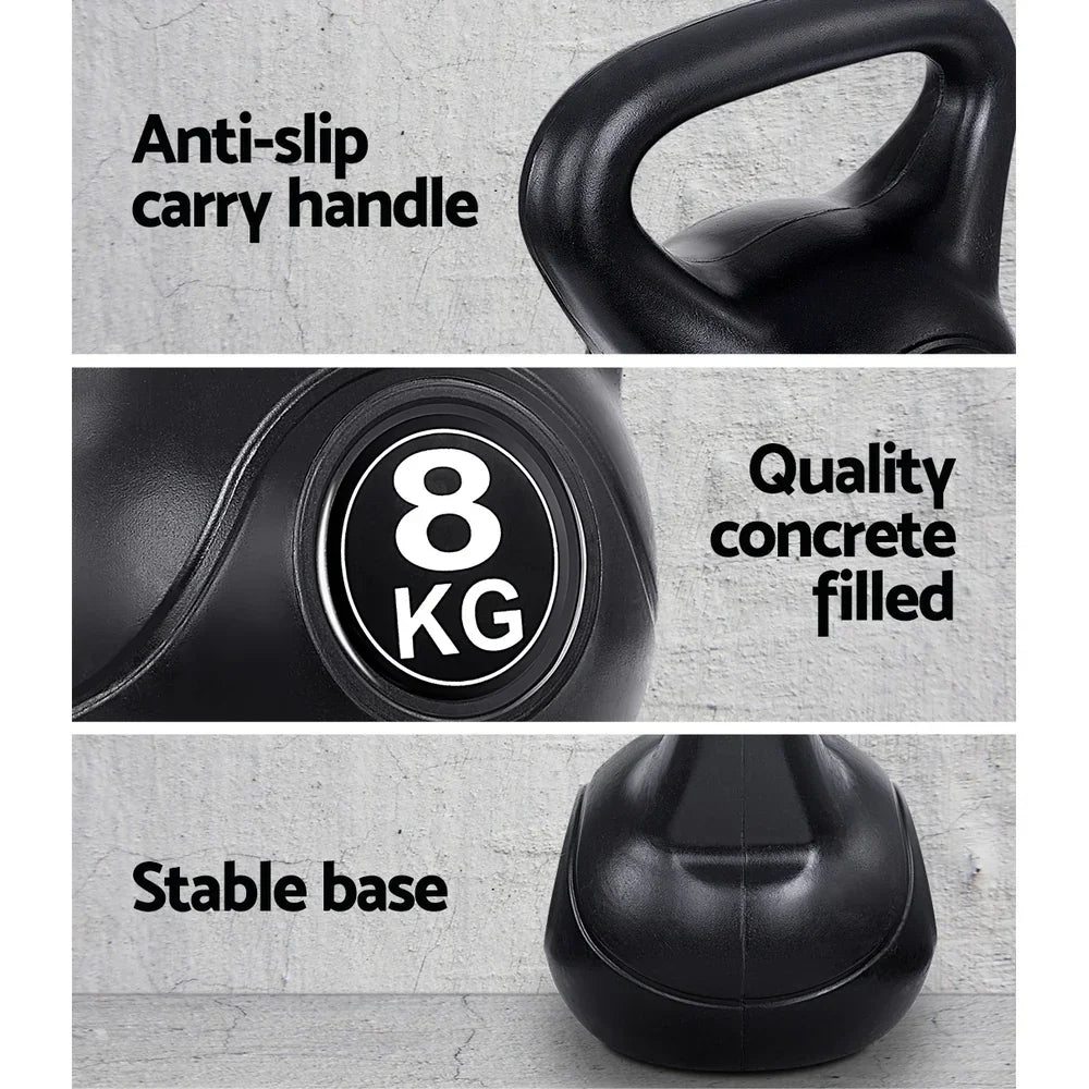 Black 8kg kettlebell with anti-slip handle, concrete filled, and stable base for fitness
