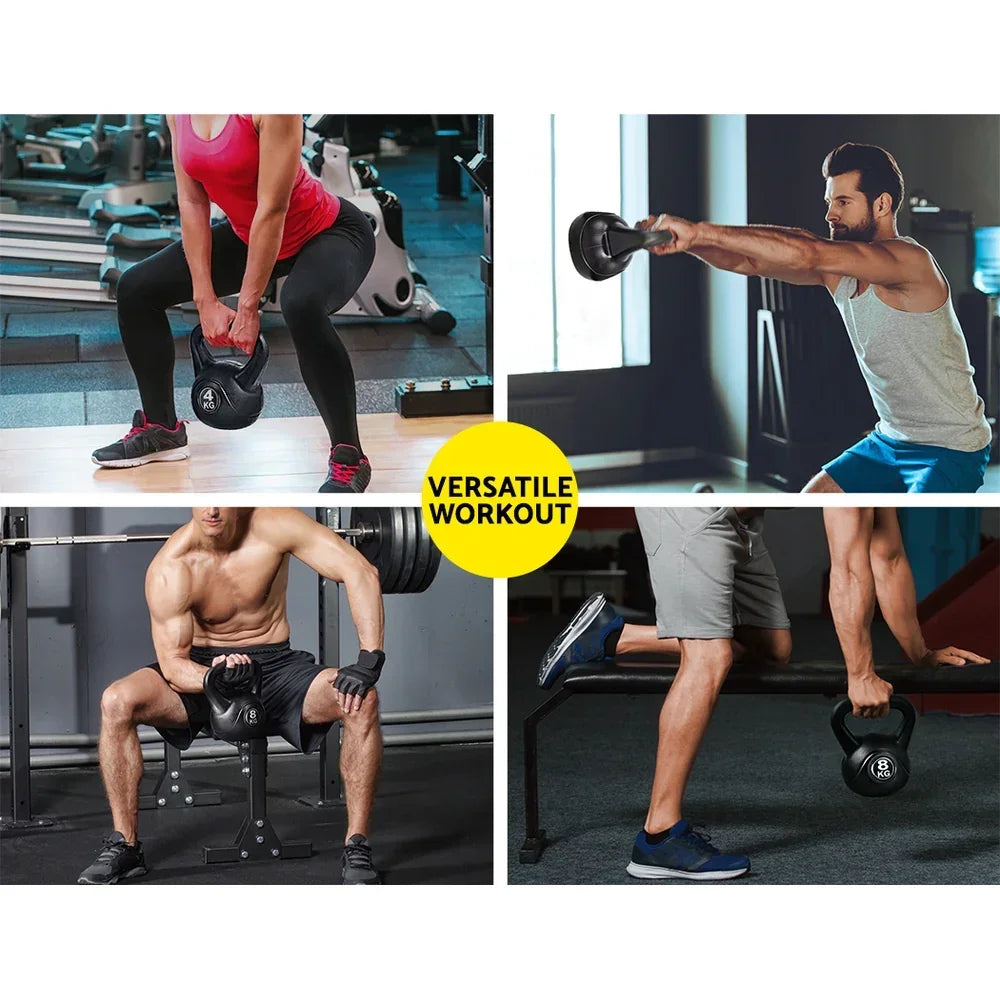 People performing diverse gym exercises with adjustable kettlebells, versatile workout equipment.