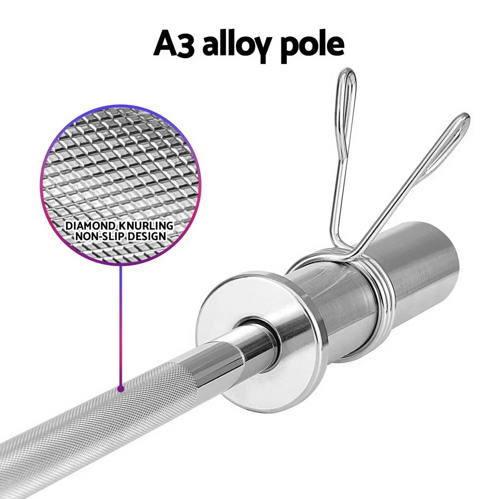 A3 alloy barbell pole with diamond knurling and non-slip grip, metal spring collars included