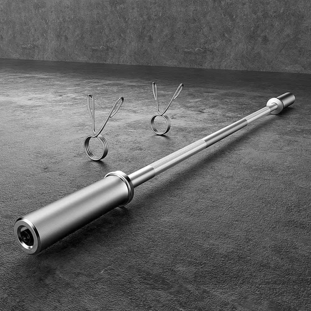 120cm chrome barbell with knurled grip and two barbell spring collars on a dark surface
