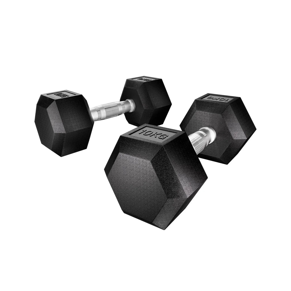 Pair of black hex dumbbells with textured metal handles, 10kg weight each, on white background