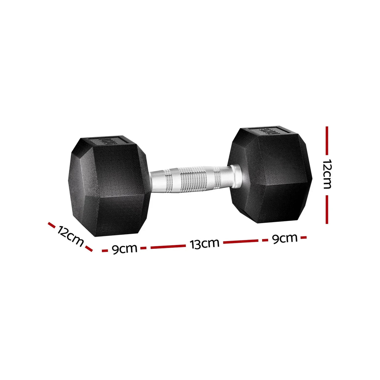 20kg hex dumbbell with black rubber-coated ends, textured metal handle, and size dimensions
