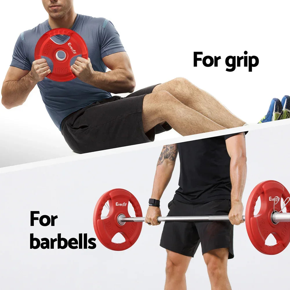Man using red Everfit 15kg weight plate for grip exercises and on a barbell for strength training