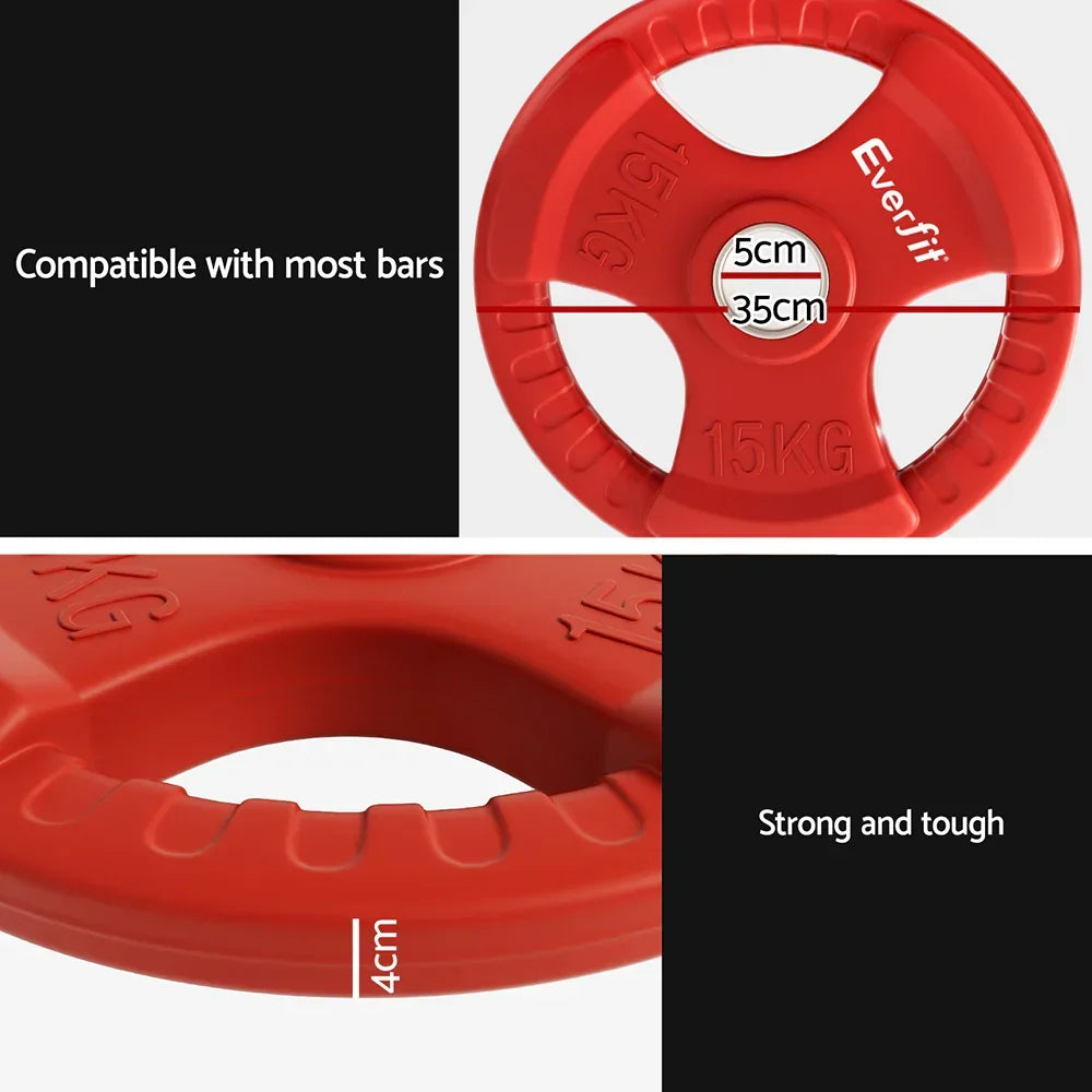 Red 15kg Everfit weight plate with grips, barbell compatibility, and labeled measurements