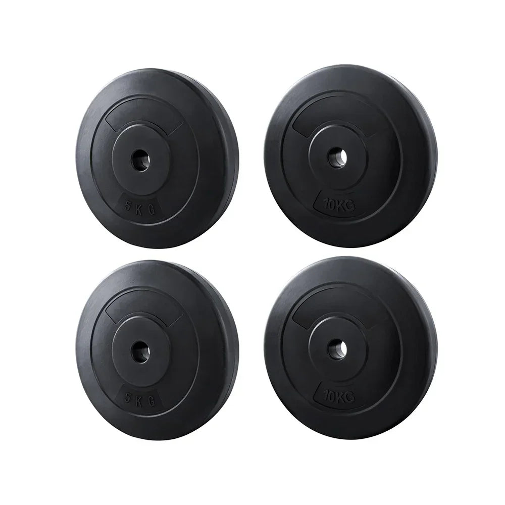 Set of four black barbell weight plates, two 5kg and two 10kg, on white background