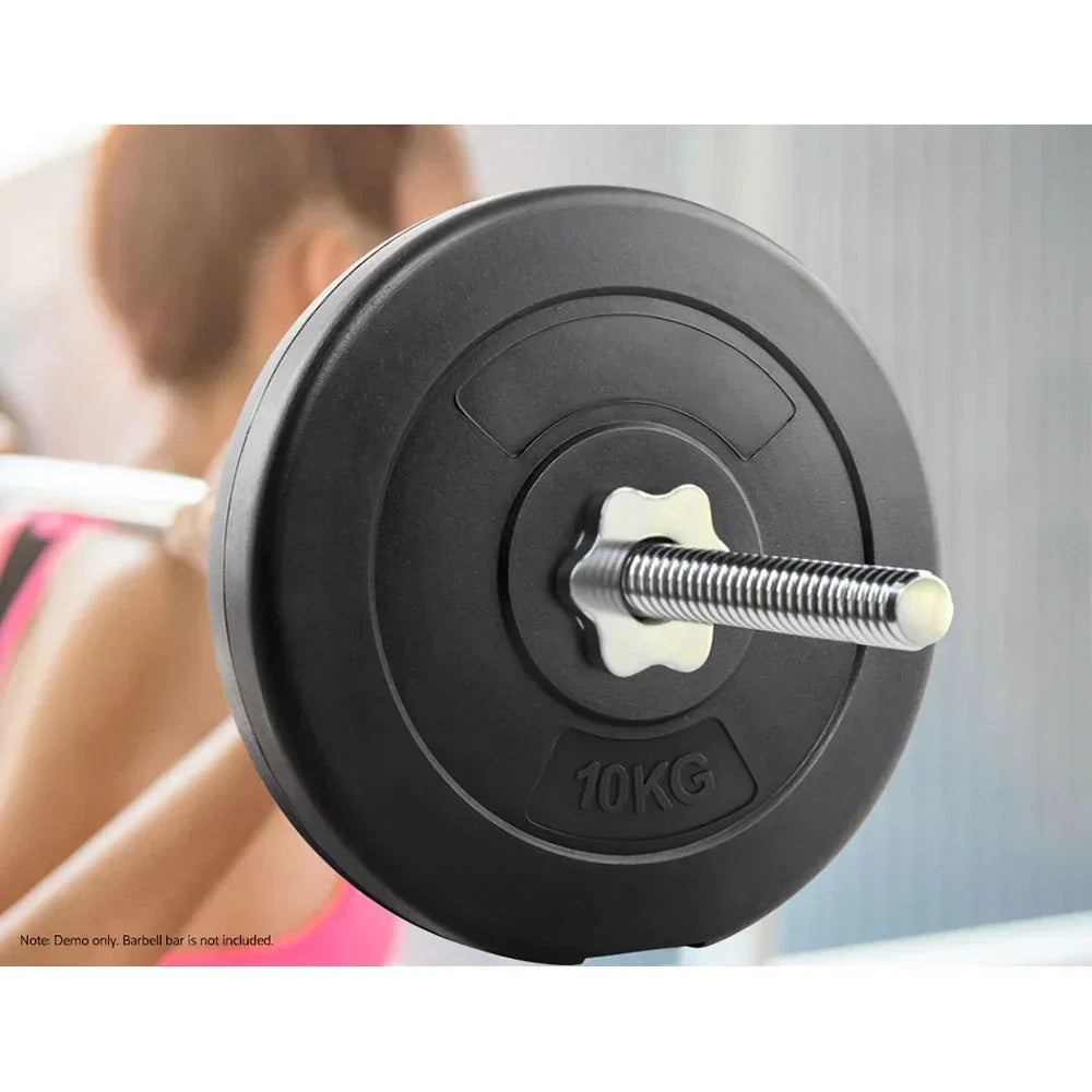 10kg black weight plate with chrome spinlock, close-up in a gym setting