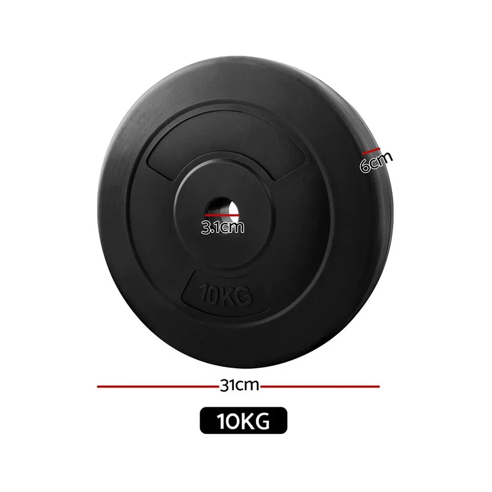 10kg black weight plate with dimensions 31cm diameter, 6cm thickness, 3.1cm hole