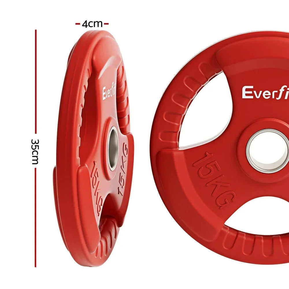 Red 15kg weight plates with handles, 35cm diameter, 4cm thickness, gym equipment