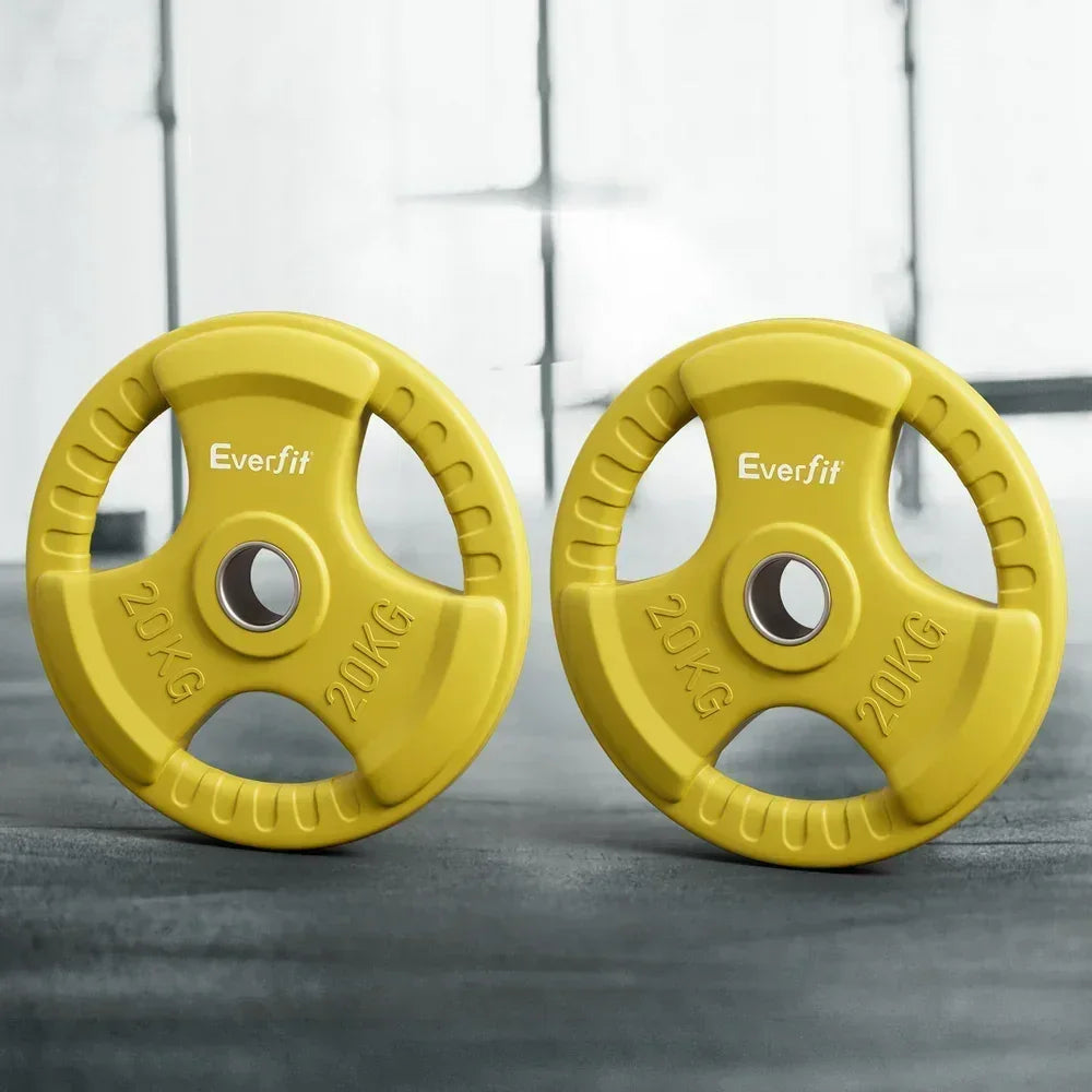 Pair of yellow 20kg Everfit weight plates with tri-grip design on gym floor