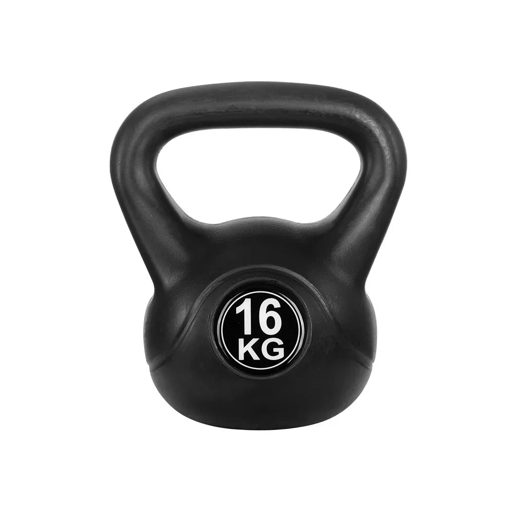 Black 16kg kettlebell for strength training on white background