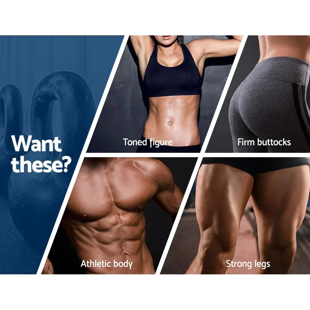 Kettlebell and fit athletes promoting toned body, strong legs, athletic physique, and firm glutes.