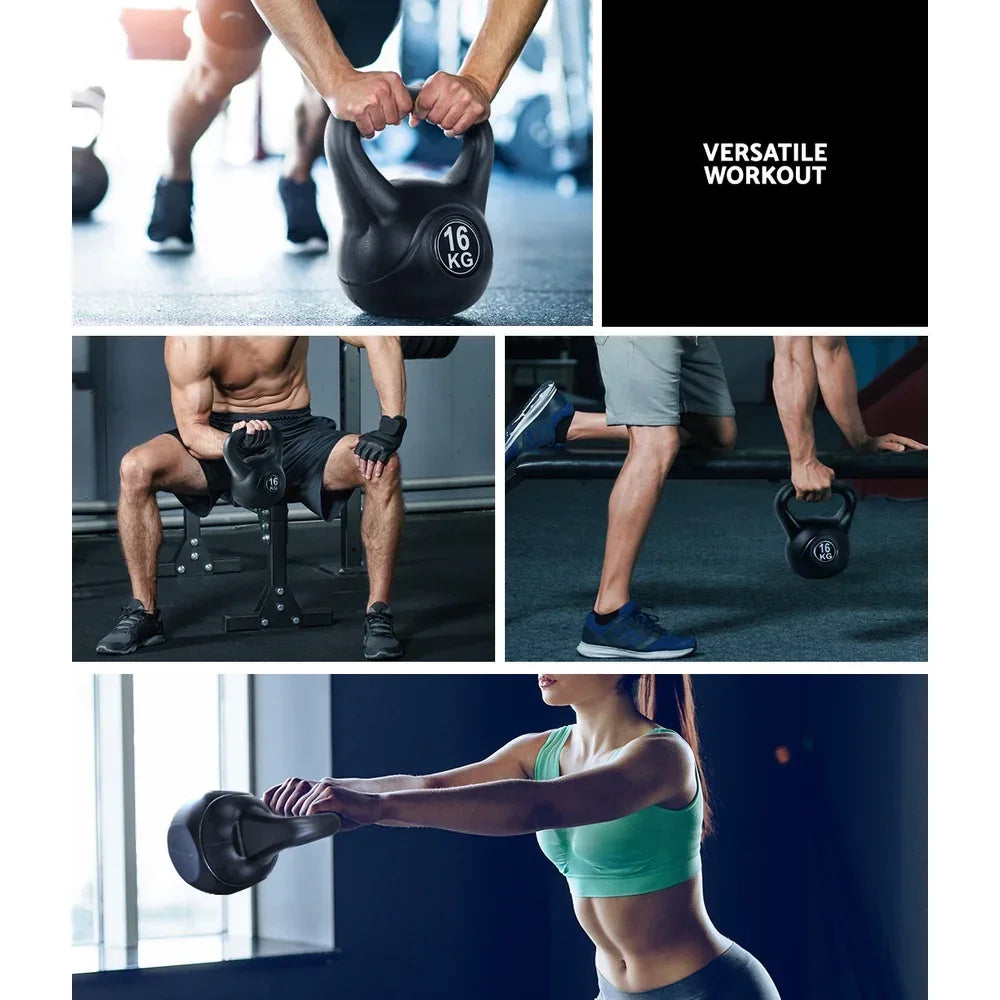 People using a 16kg black kettlebell in various gym exercises, versatile fitness workout
