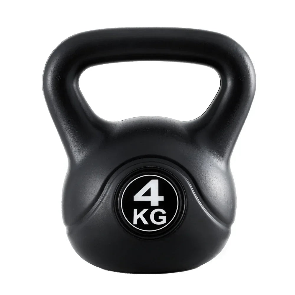 Black 4kg kettlebell with large handle for strength training, white background