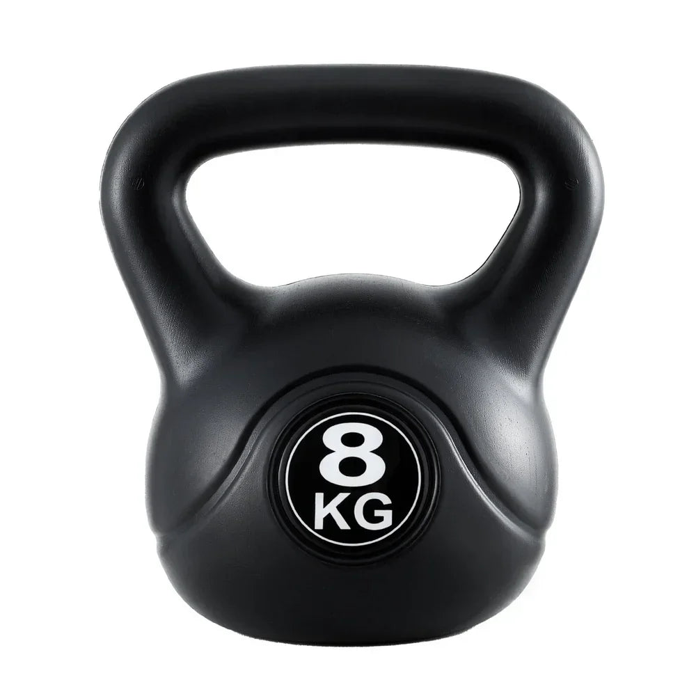 Black 8kg kettlebell with handle, front view on white background