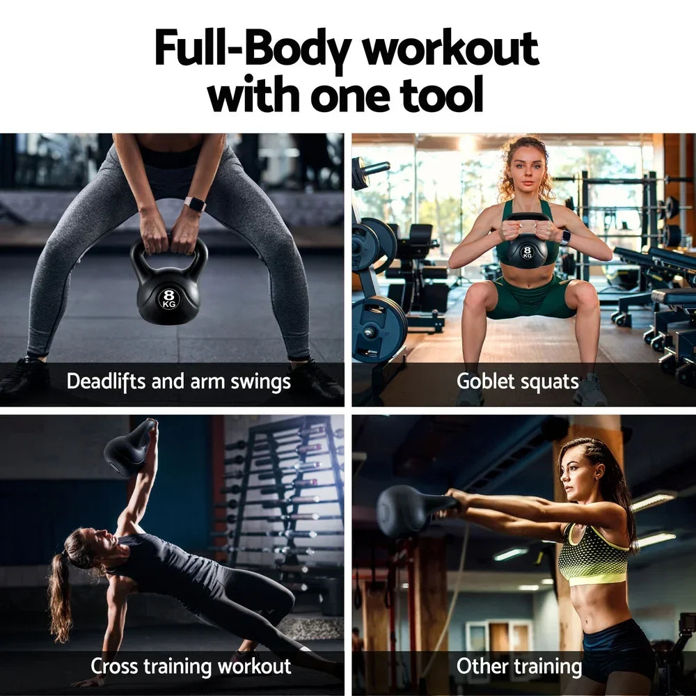 8kg black kettlebell used for deadlifts, goblet squats, cross training, and arm swings