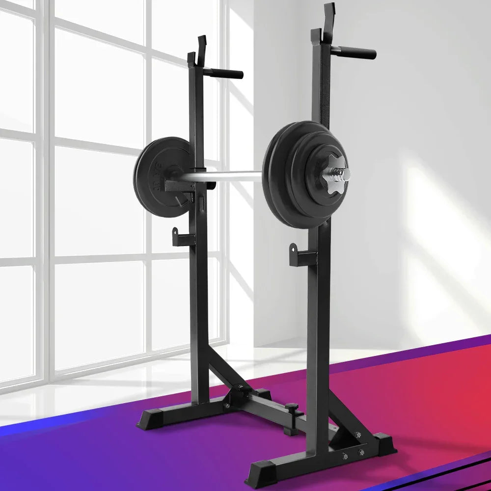 Adjustable squat rack with barbell and weights in a modern home gym setting