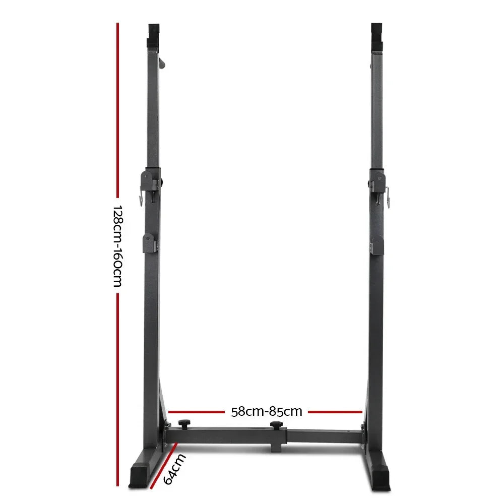 Adjustable squat rack with height and width measurements, black steel gym equipment on white background.