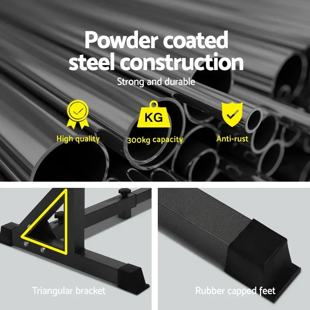 Powder coated steel squat rack with 300kg capacity, anti-rust finish, triangular bracket, rubber capped feet