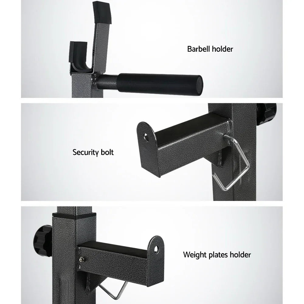 Close-up of squat rack features including barbell holder, security bolt, and weight plate holder.