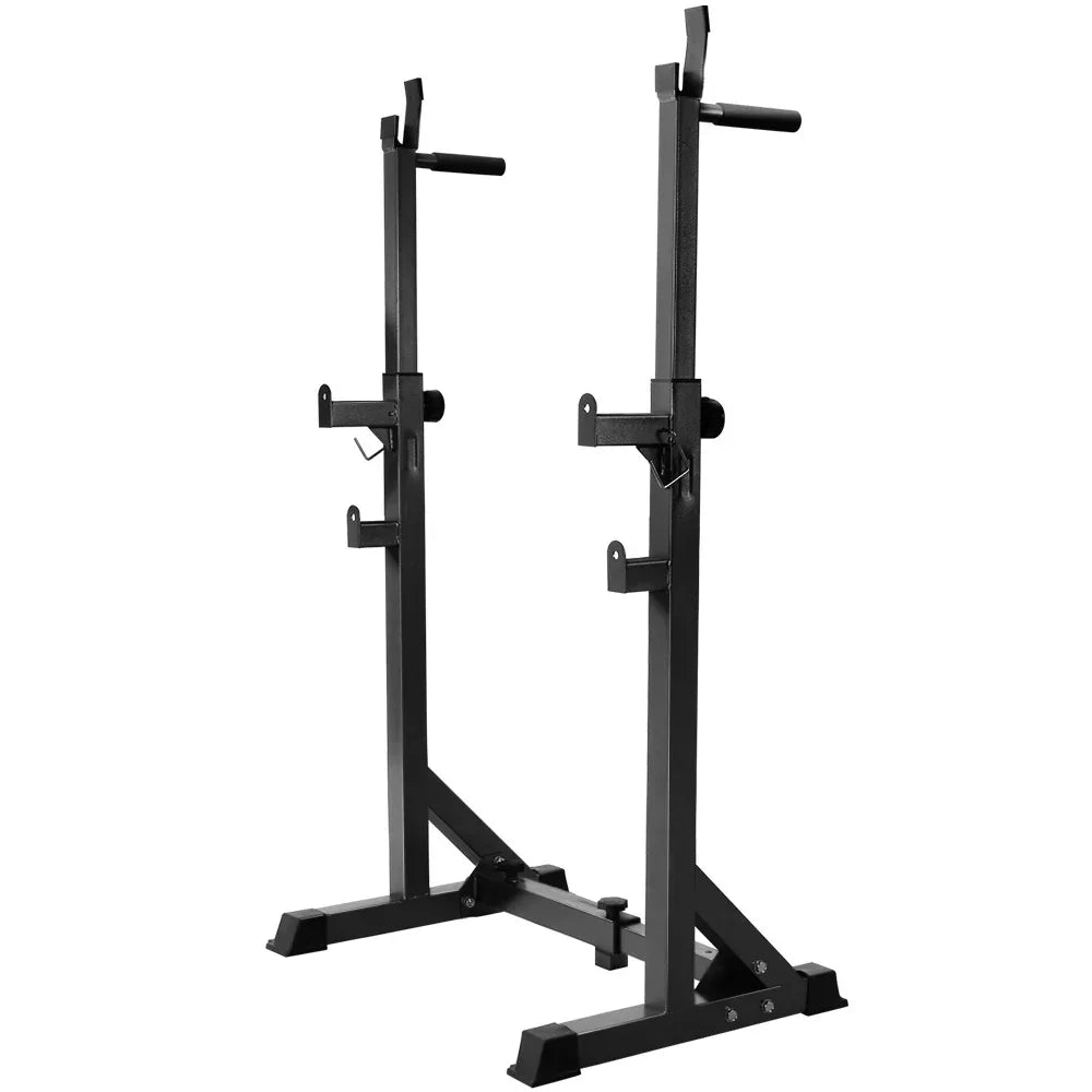 Adjustable black squat rack for home gym strength training, isolated on white background