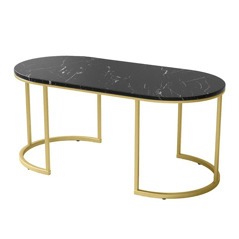 Modern oval black marble coffee table with gold metal legs, contemporary home furniture