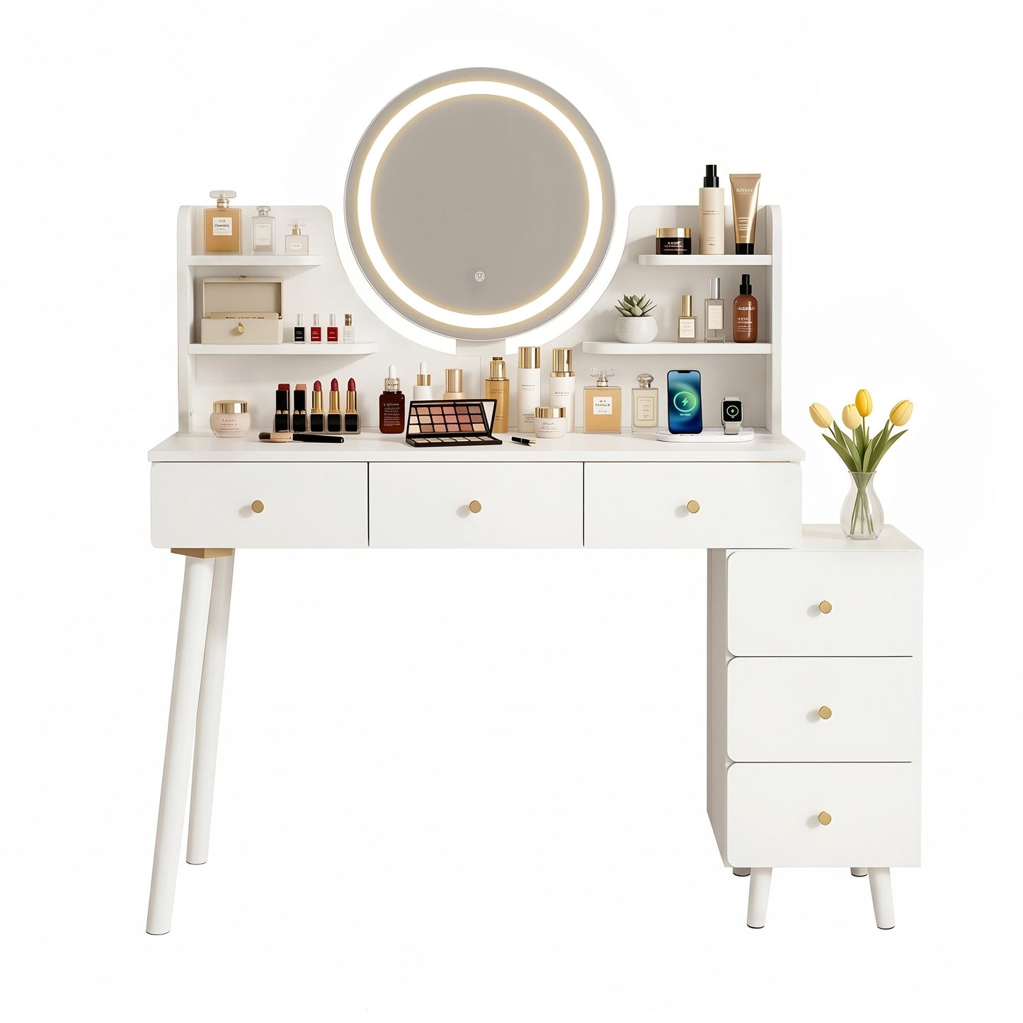 White vanity table with LED mirror, storage drawers, shelves for makeup, perfume, and beauty essentials